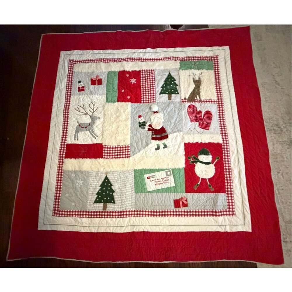 Vintage pottery Barn Kids Christmas Postcard Quilt And Matching Sham
